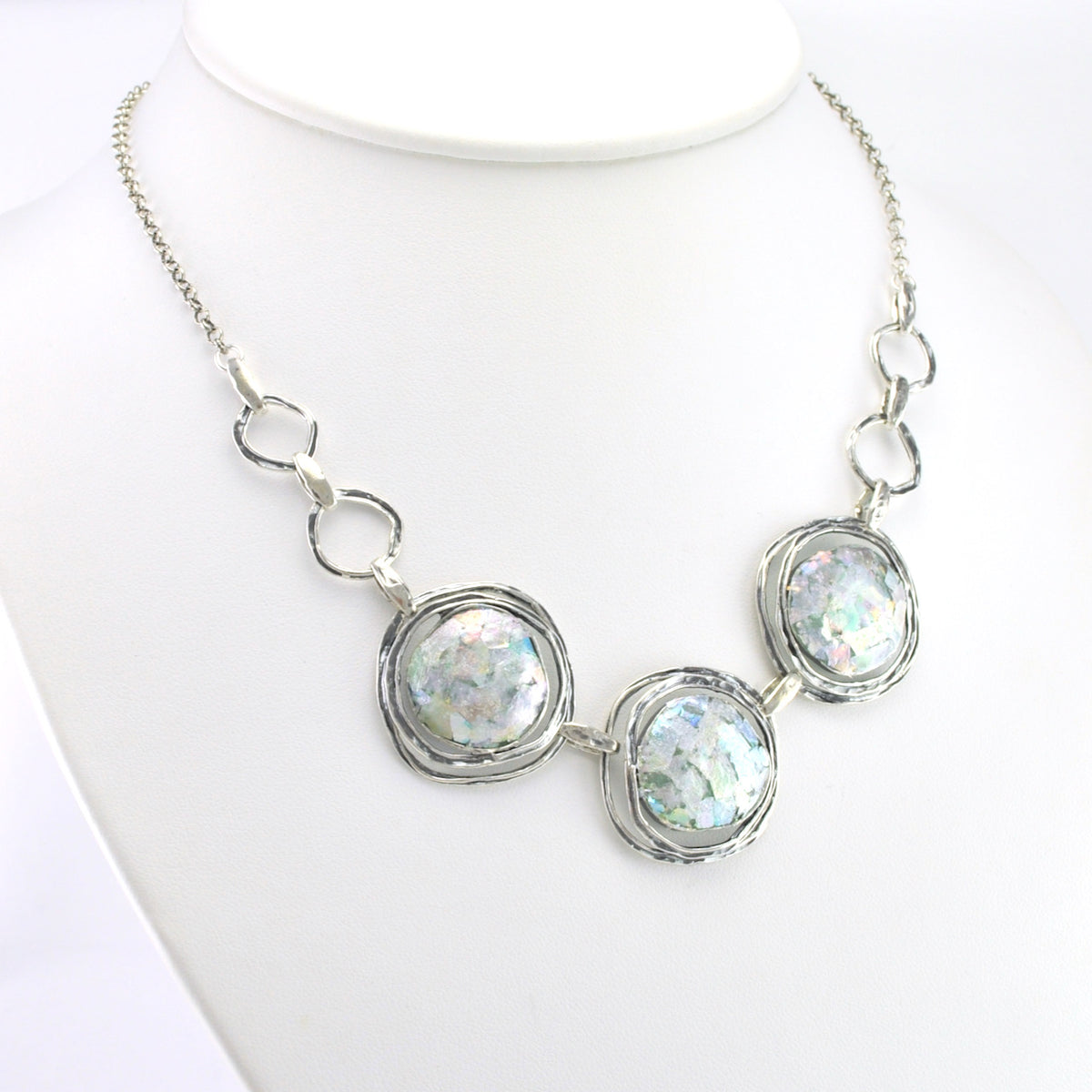 Side View Silver Roman Glass 3 Circle Necklace