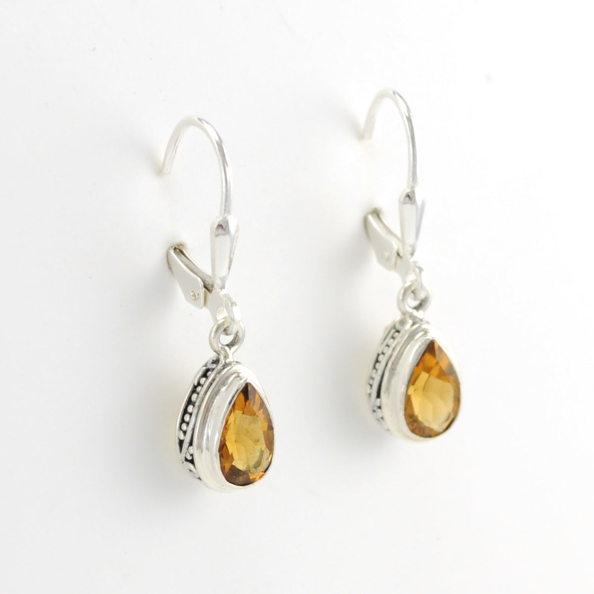 Side View Silver Citrine 5x8mm Tear Bali Dangle Earrings