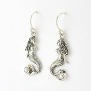 Side View Silver Mermaid Pearl Dangle Earrings
