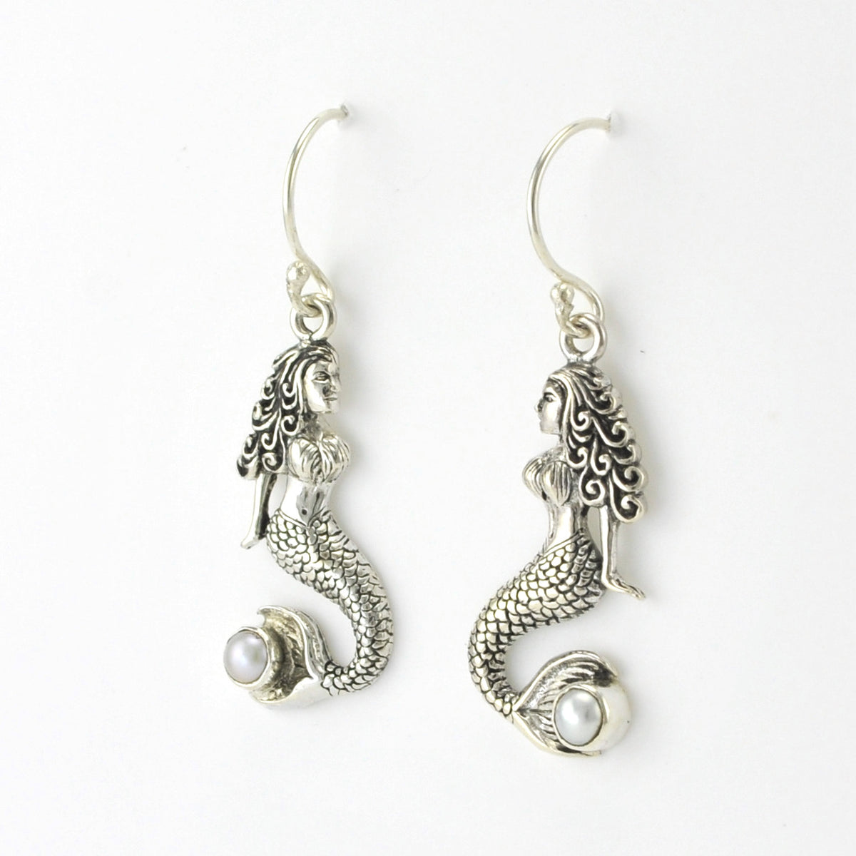 Side View Silver Mermaid Pearl Dangle Earrings