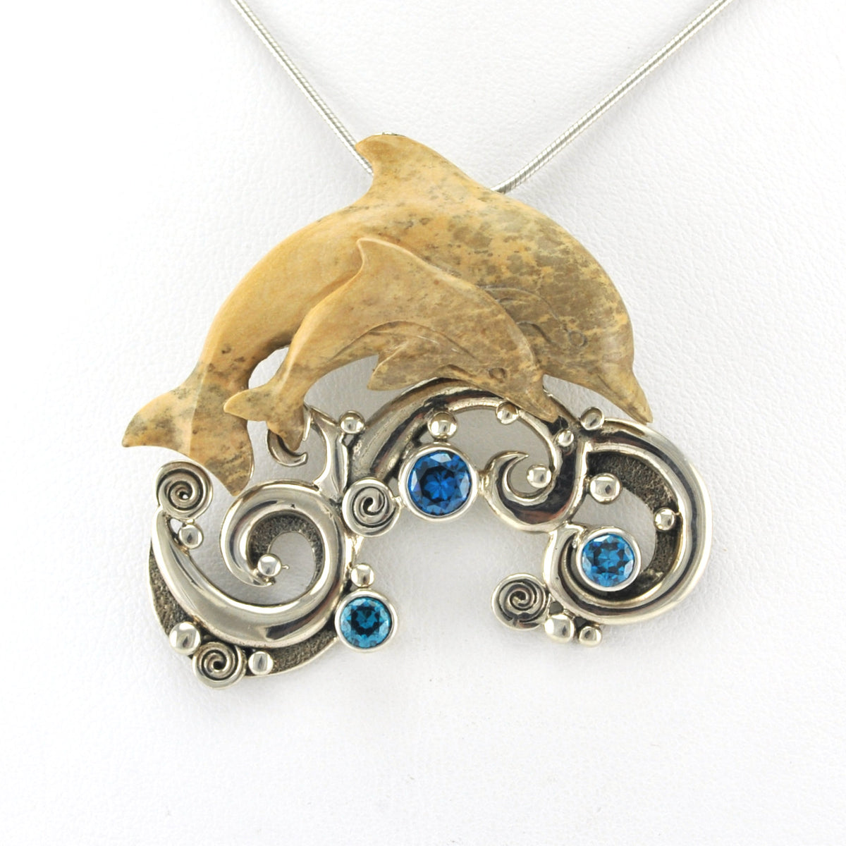 Silver Fossilized Mammoth Ivory Double Dolphin Pin/Pendant