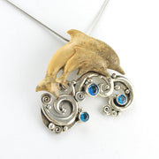 Alt View Silver Fossilized Mammoth Ivory Double Dolphin Pin/Pendant