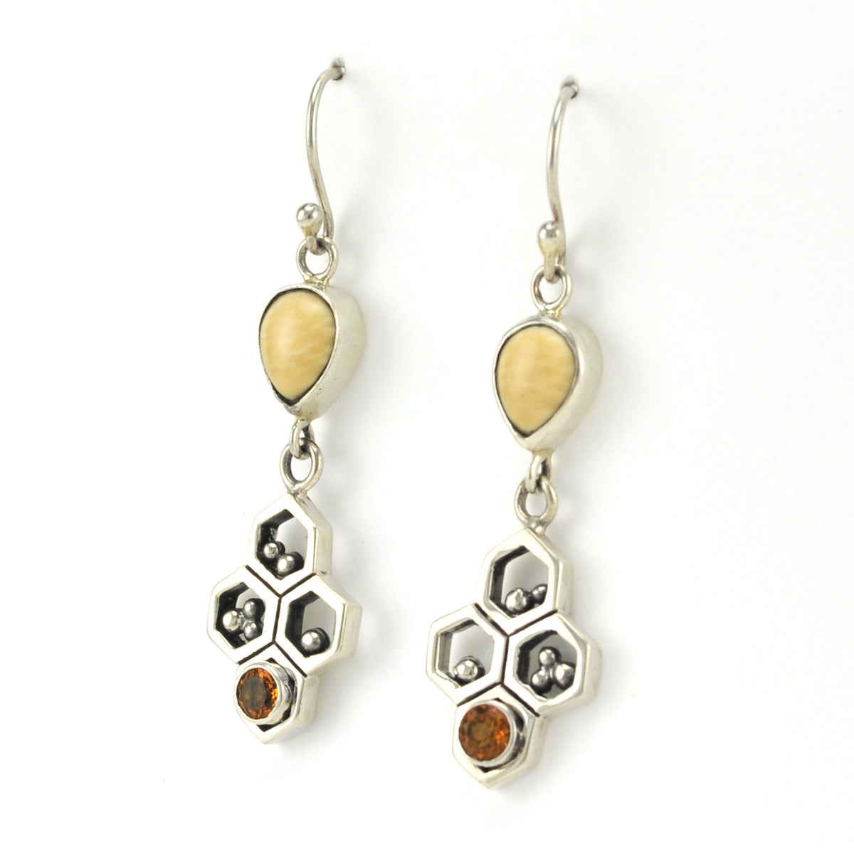 Silver Honeycomb Citrine Walrus Ivory Earrings