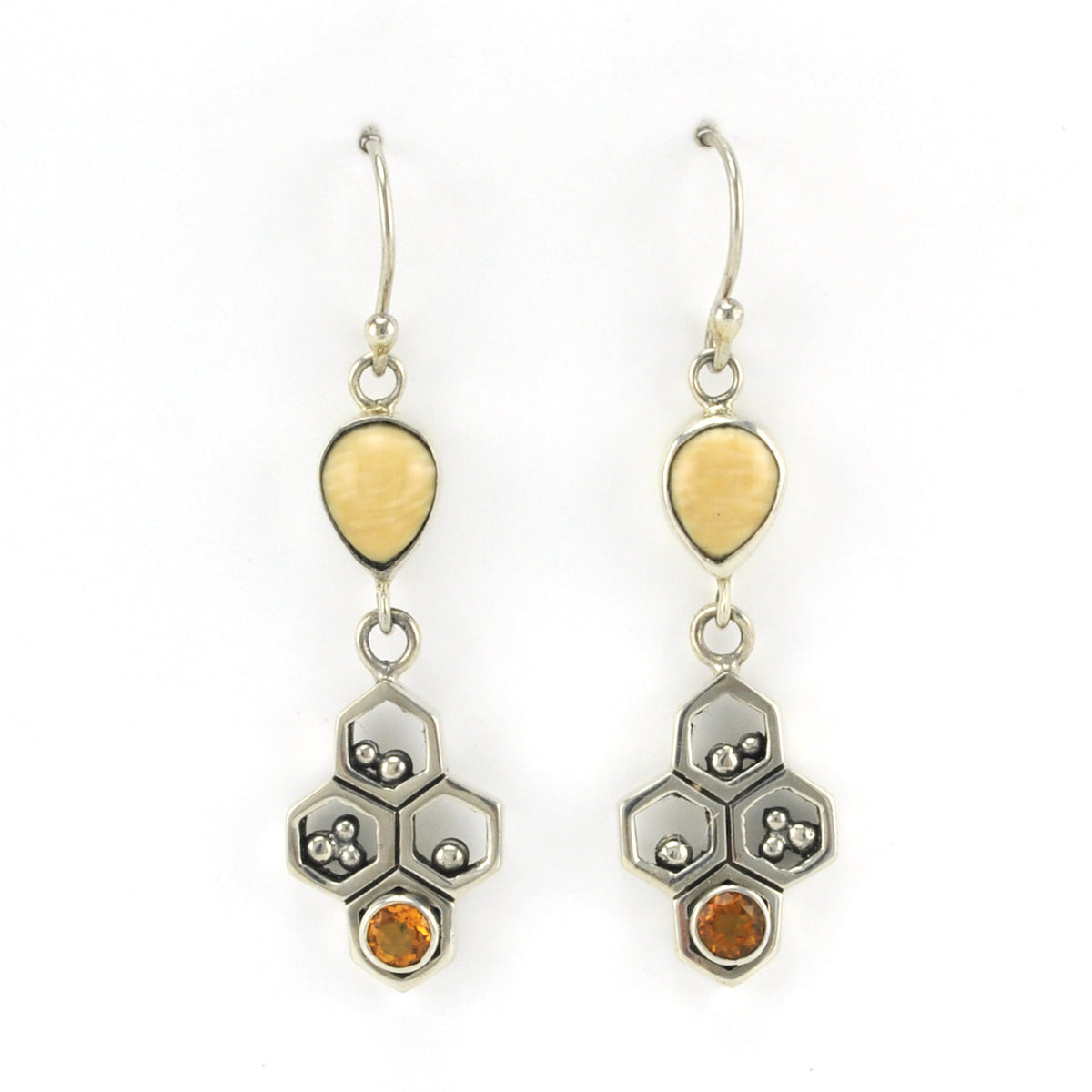 Alt View Silver Honeycomb Citrine Walrus Ivory Earrings