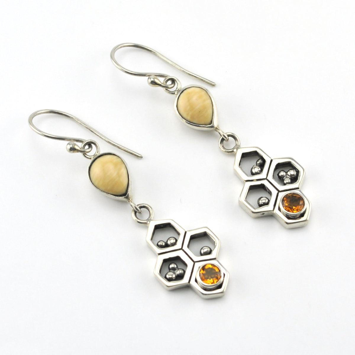 Side View Silver Honeycomb Citrine Walrus Ivory Earrings