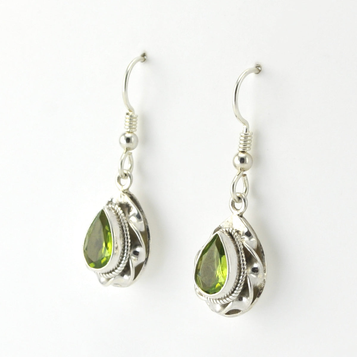 Side View Silver Peridot 6x8mm Tear Earrings