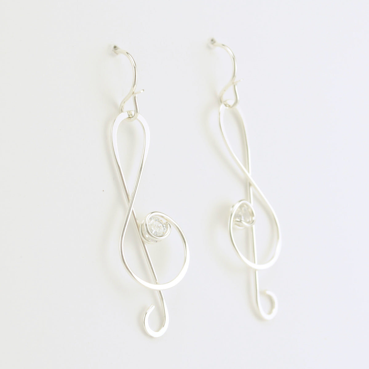 Side View Sterling Silver Treble Clef CZ Earrings
