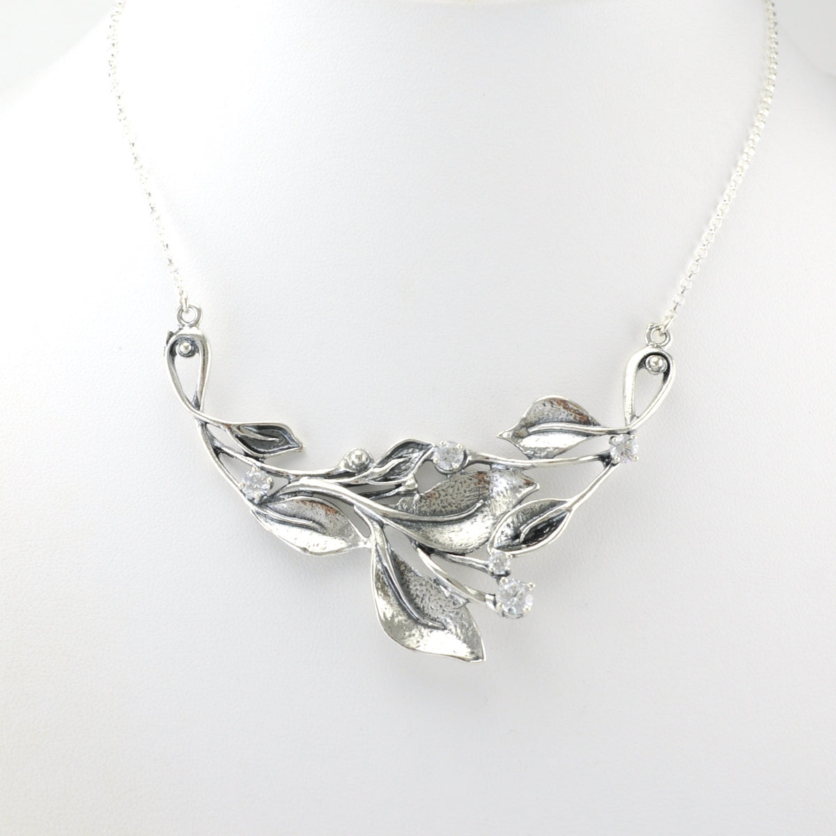 Alt View Sterling Silver Leaf Necklace with Cubic Zirconia