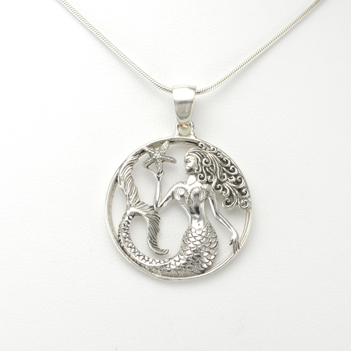 Silver Mermaid with Starfish Round Pendant